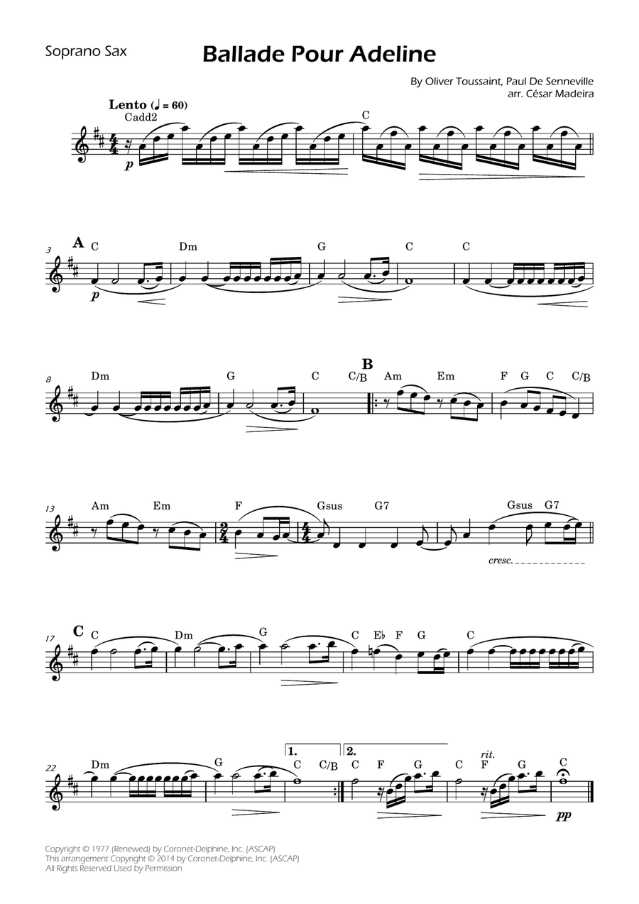 Ballade Pour Adeline Soprano Saxophone scores gallery preview page 1