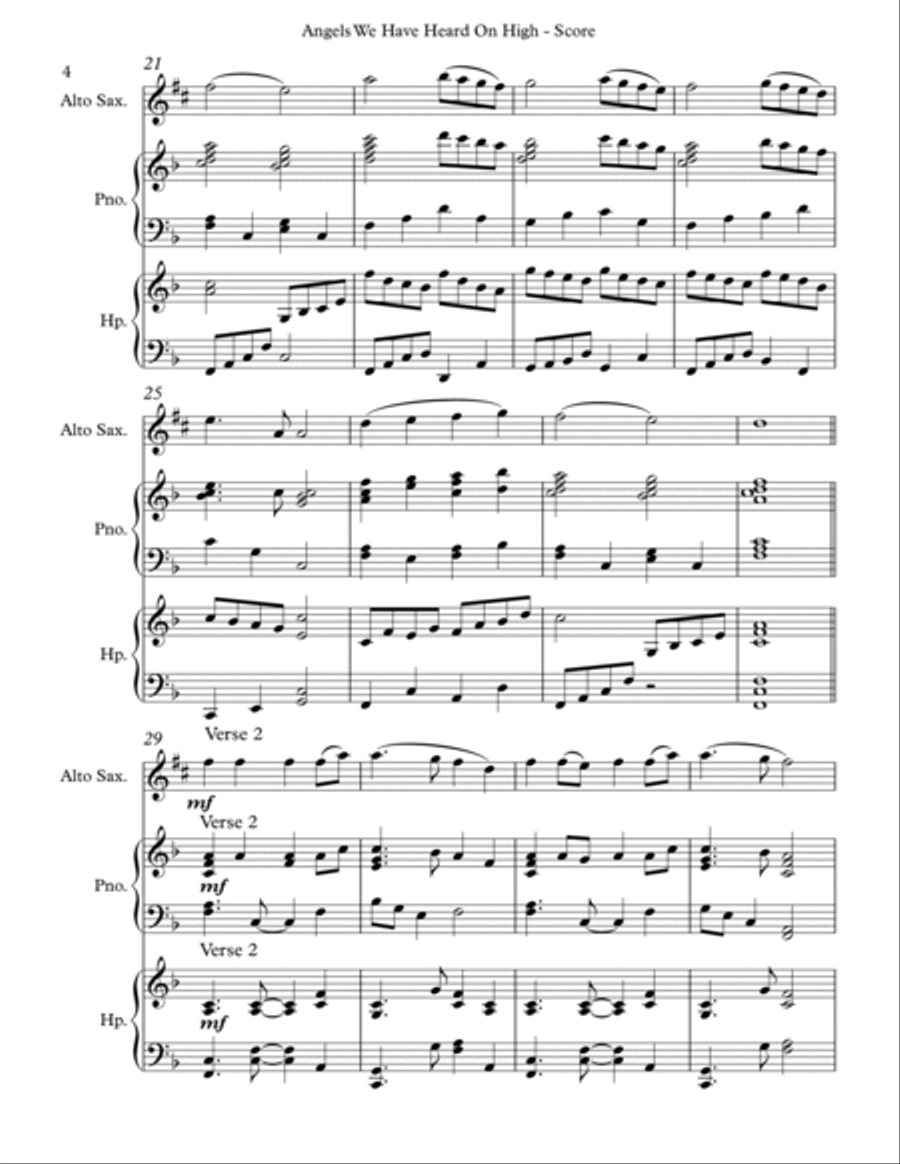 Angels We Have Heard On High, Trio for Eb Alto Saxophone, Harp and Piano Alto Saxophone scores gallery preview page 4