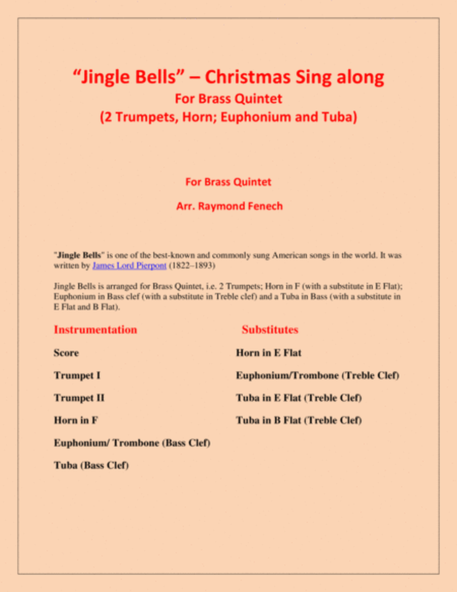 Jingle Bells - Christmas Sing along (For Brass Quintet - 2 Trumpets, Horn, Euphonium and Tuba) image number null