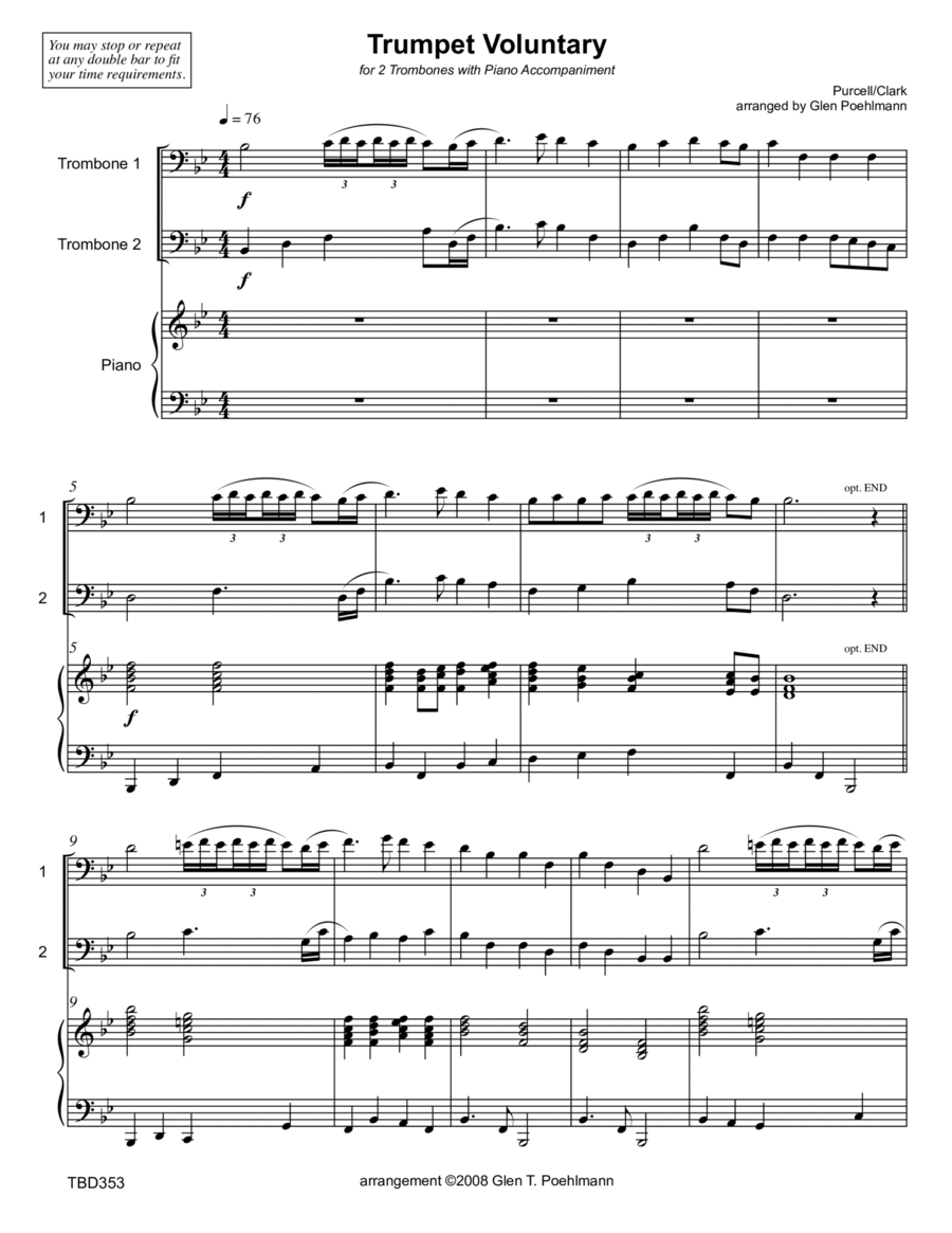 TRUMPET VOLUNTARY (Clarke - The Prince of Denmark's March) - TROMBONE DUET with Piano Accompaniment Brass Duet scores gallery preview page 1