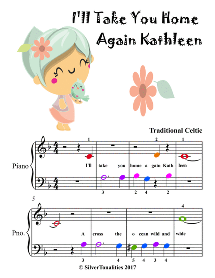 I'll Take You Home Again Kathleen Beginner Piano Sheet Music with Colored Notation