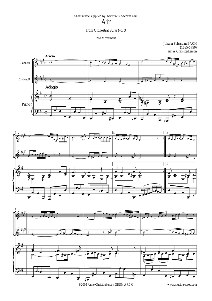 Bwv 1068: Air 2nd Movement - 2 Clarinets and Piano