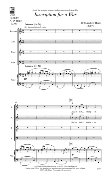Inscription for a War - for SATB Choir & Piano image number null