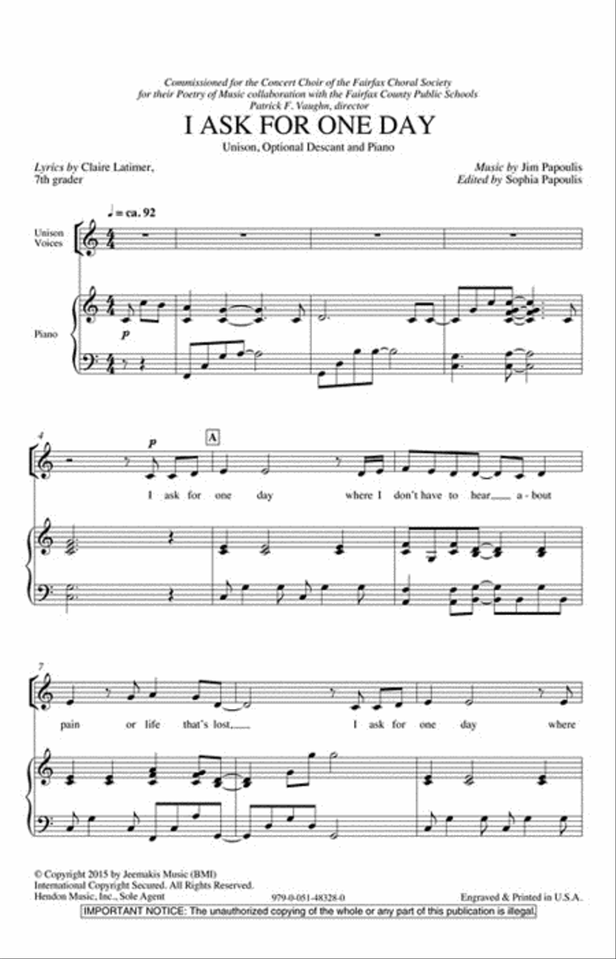 I Ask for One Day Unison Choir scores gallery preview page 2