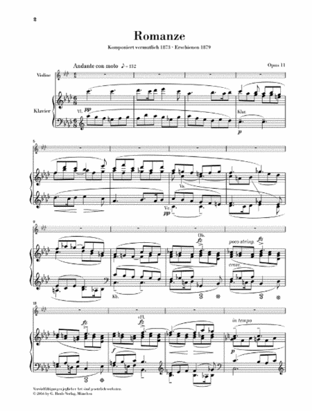Romance in F Minor Op. 11 by Antonin Dvorak Violin Solo - Sheet Music