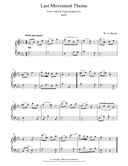 Last Movement Theme from Violin & Piano Sonata in Eb K481