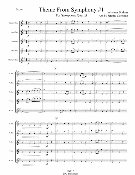 Theme From Brahms Symphony #1 for Saxophone Quartet (SATB or AATB) image number null