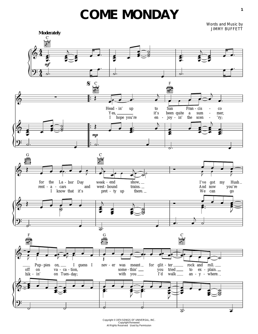 Come Monday Come Monday Piano, Vocal, Guitar scores gallery preview page 1