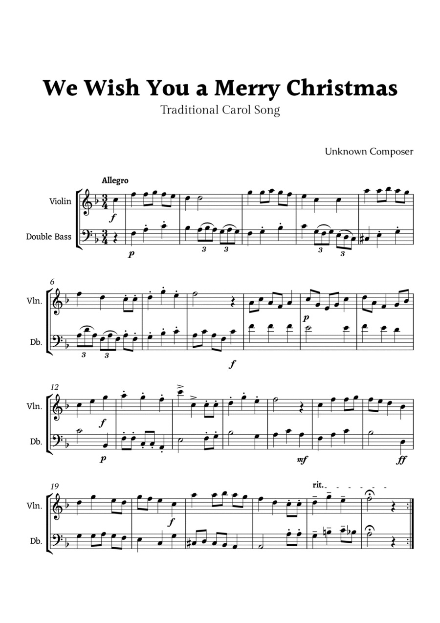 We Wish you a Merry Christmas for Violin and Double Bass Duet String Duet scores gallery preview page 1