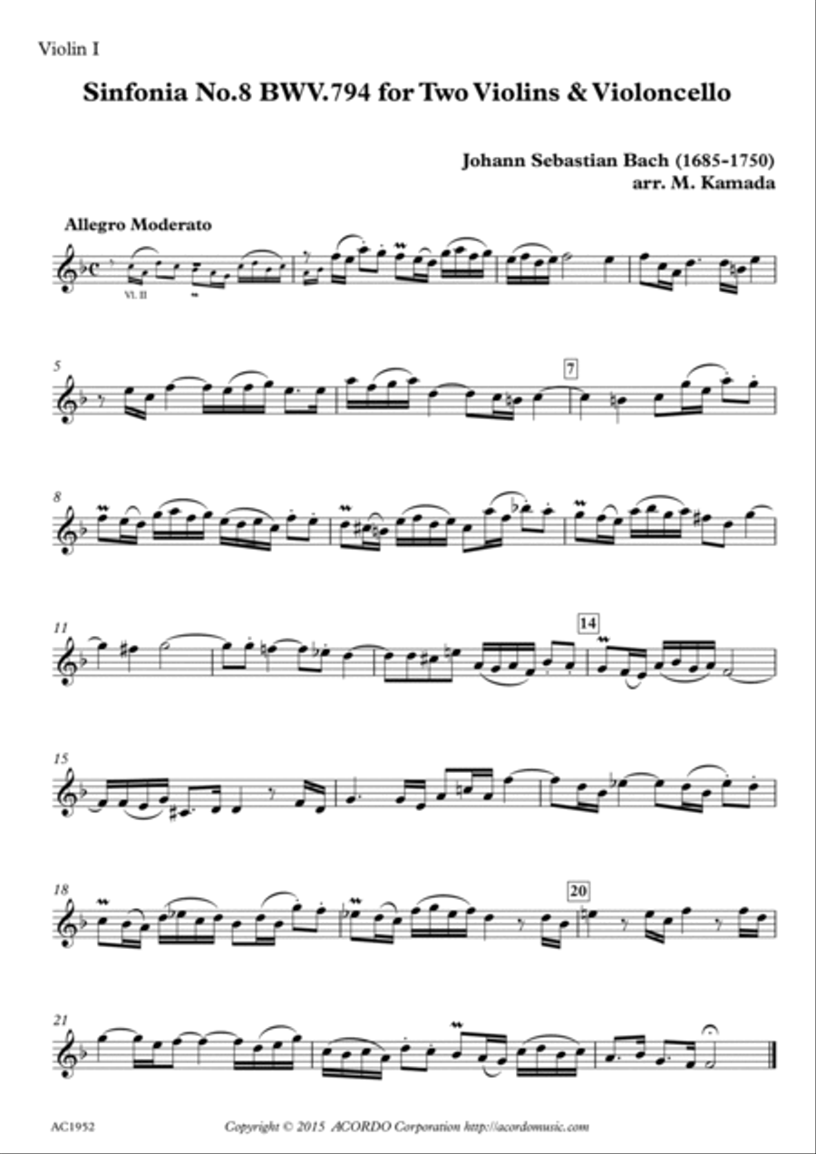 Sinfonia No.8 BWV.794 for Two Violins & Violoncello String Duet scores gallery preview page 3