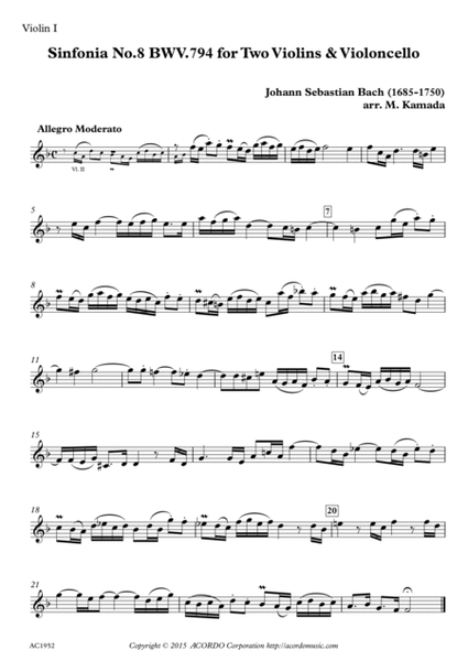 Sinfonia No.8 BWV.794 for Two Violins & Violoncello image number null