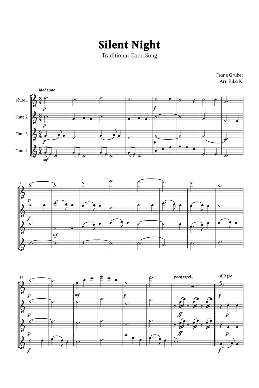 Silent Night for Flute Quartet Flute Quartet scores gallery preview page 1