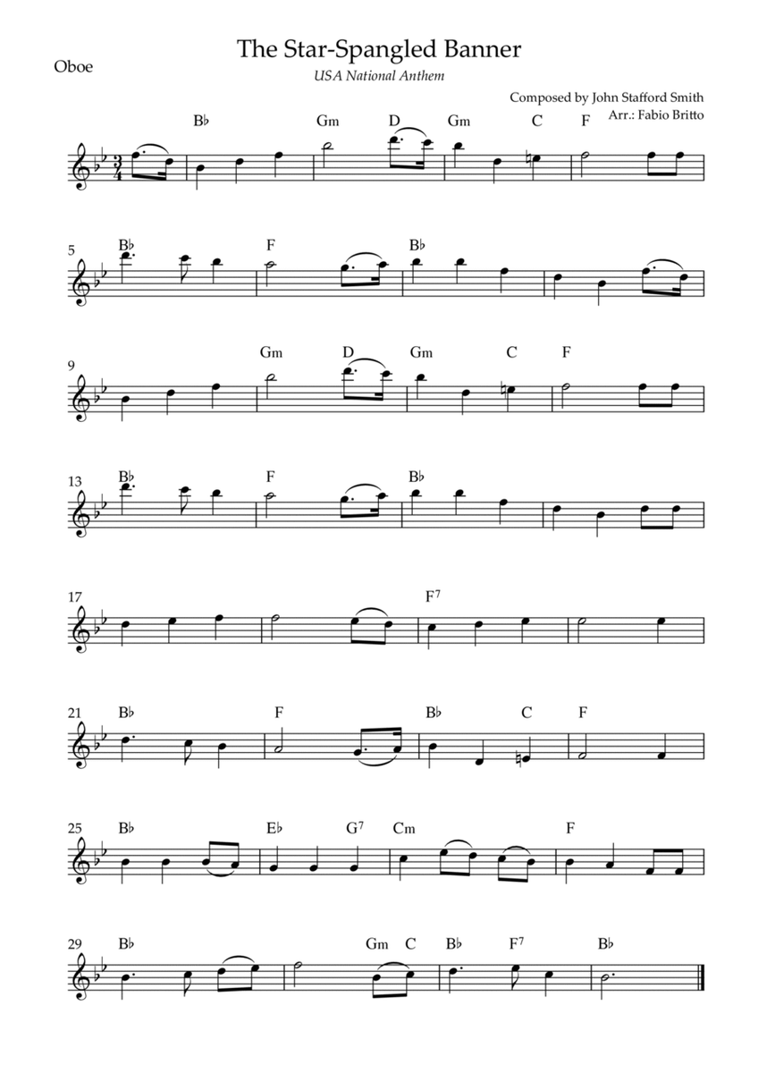 The Star Spangled Banner (USA National Anthem) for Oboe Solo with Chords (Bb Major)