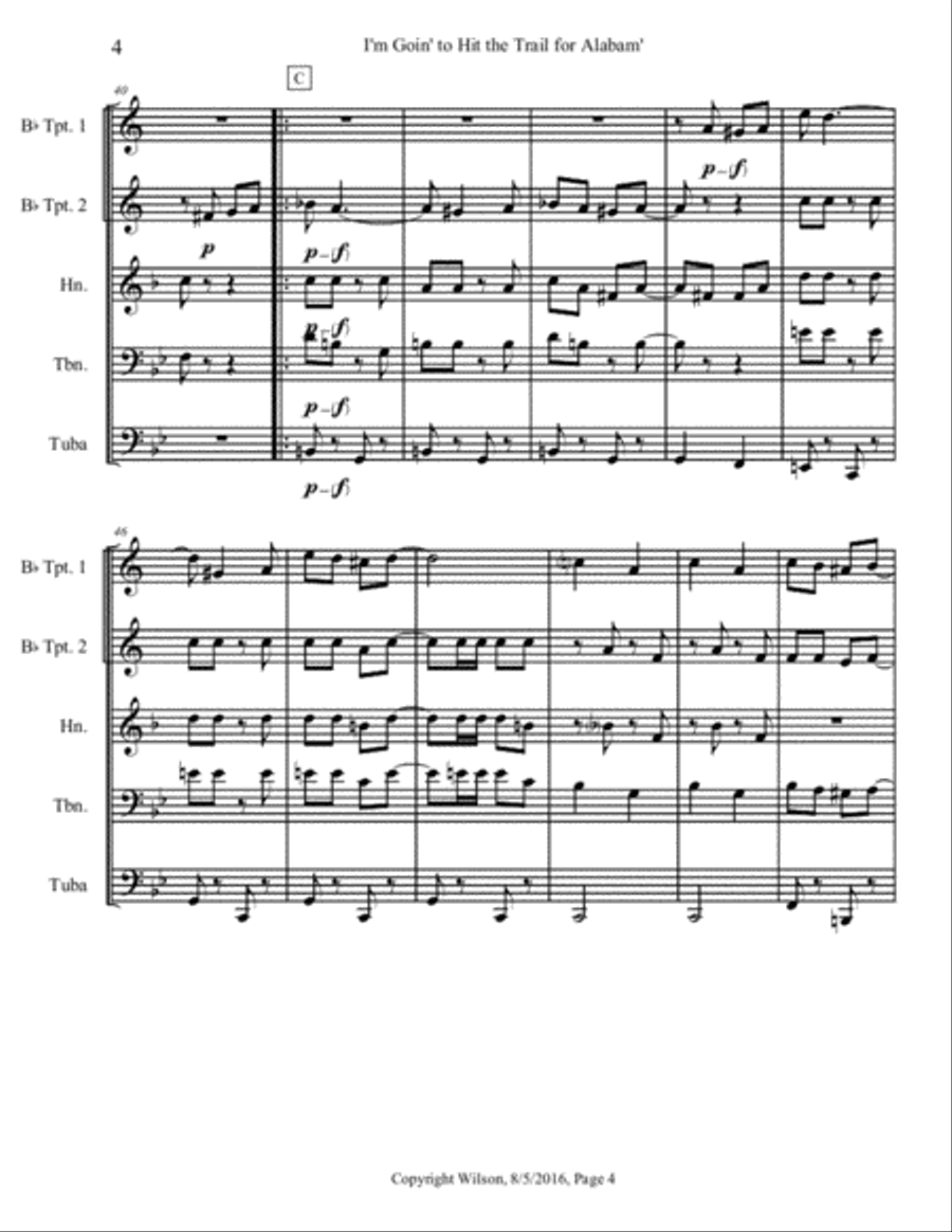 I'm Goin' to Hit the Trail for Alabam' Brass Quintet scores gallery preview page 5