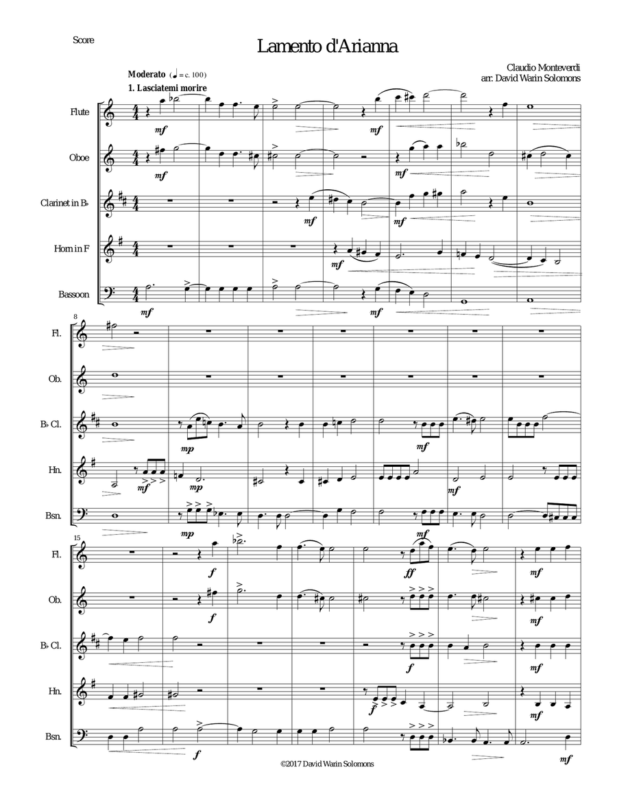 Lamento d'Arianna for wind quintet Woodwind Quintet scores gallery preview page 1