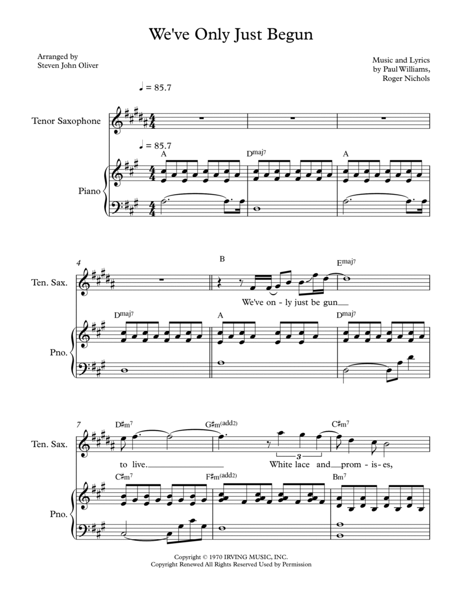We've Only Just Begun Tenor Saxophone scores gallery preview page 1