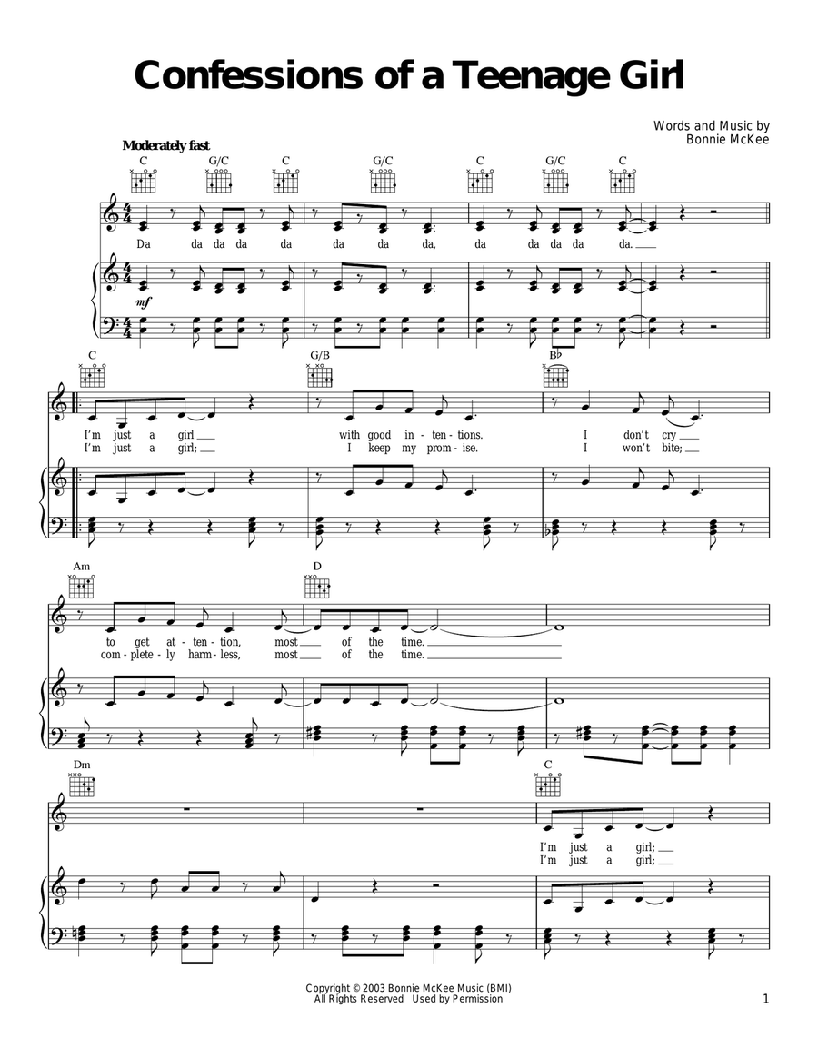 Confessions Of A Teenage Girl Piano, Vocal, Guitar scores gallery preview page 1
