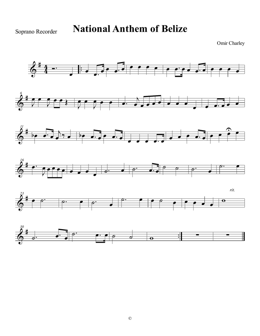 Belizean National Anthem Recorder scores gallery preview page 1