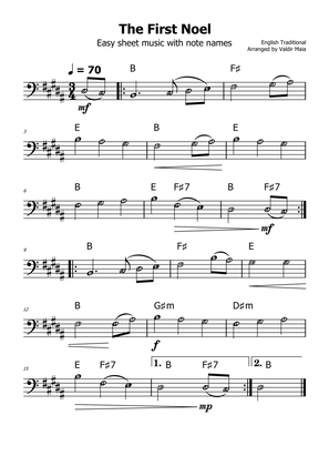 The First Noel - (B Major - with note names)