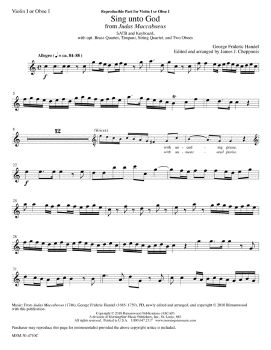 Sing unto God from Judas Maccabaeus (Downloadable String/Oboe Parts) Choir scores gallery preview page 1