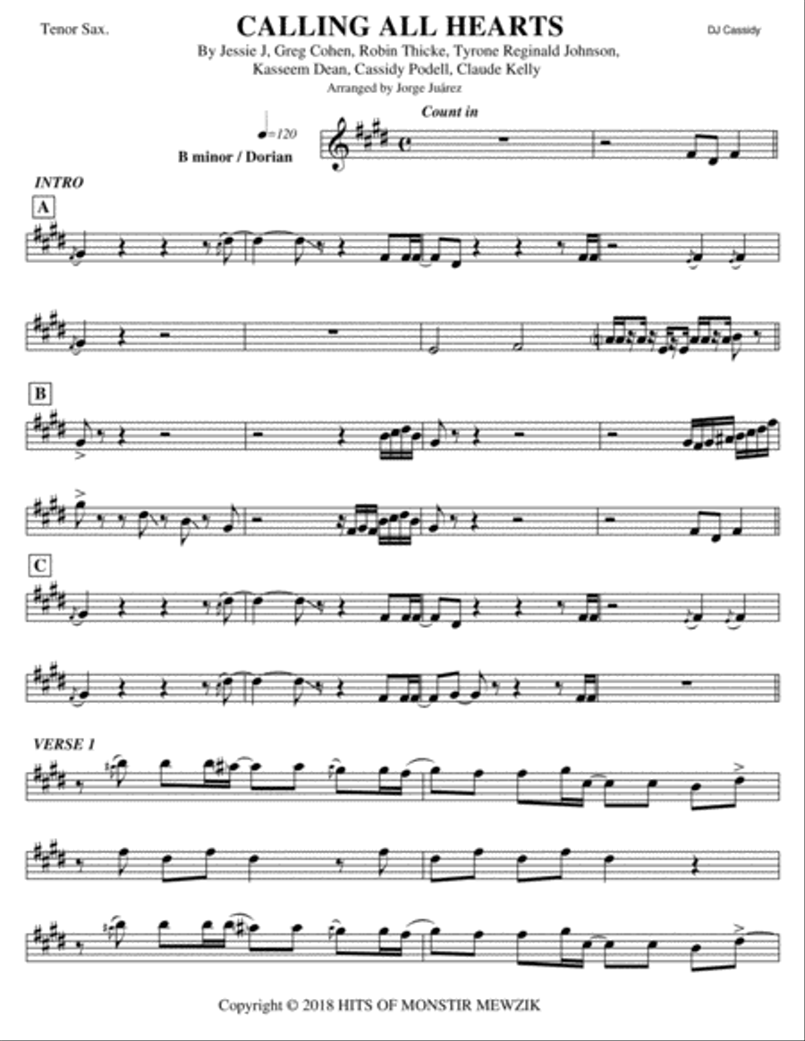 Calling All Hearts (swizz Beats Remix) Tenor Saxophone scores gallery preview page 1