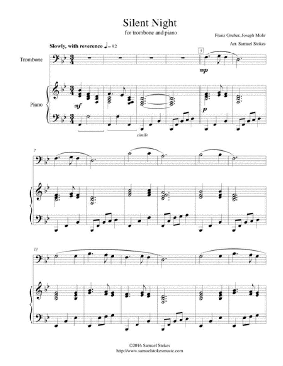Silent Night - for trombone and piano Piano scores gallery preview page 1