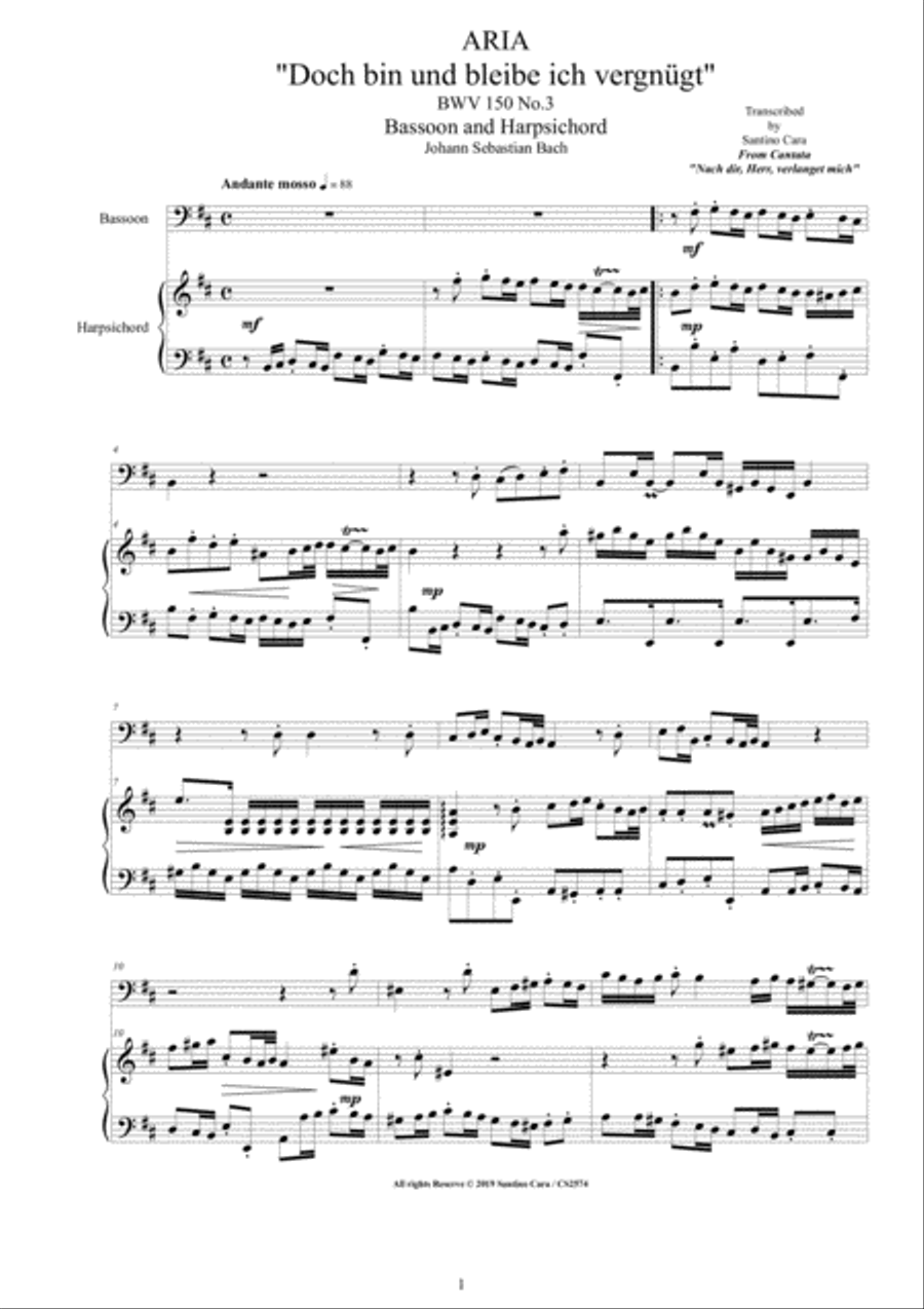 Bach - Aria (Doch bin und bleibe ich vergnügt) BWV 150 No.3 for Bassoon and Harpsichord Bassoon scores gallery preview page 1
