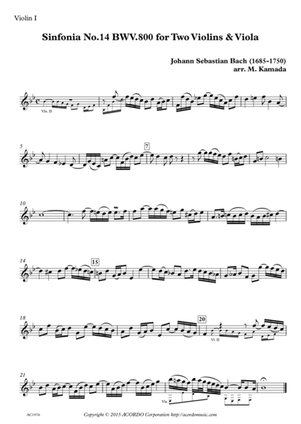 Sinfonia No.14 BWV.800 for Two Violins & Viola image number null