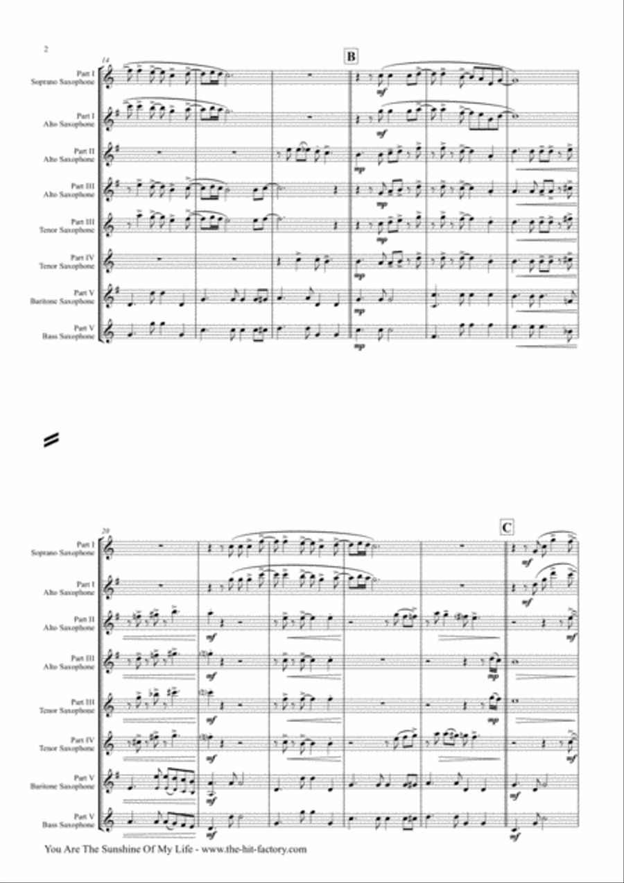 You Are The Sunshine Of My Life Saxophone Quintet scores gallery preview page 4