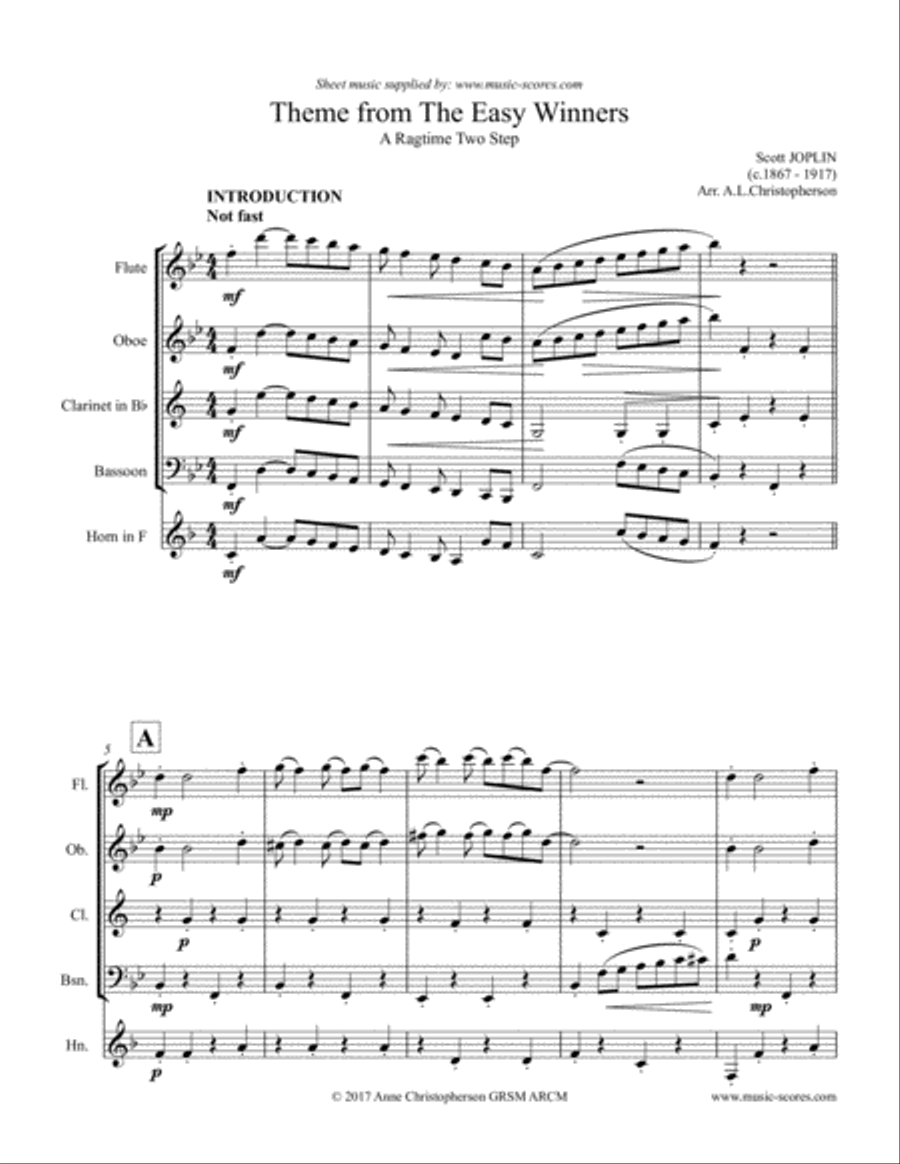 The Easy Winners Theme - Flute, Oboe, Clarinet, Bassoon and French Horn Woodwind Quintet scores gallery preview page 1