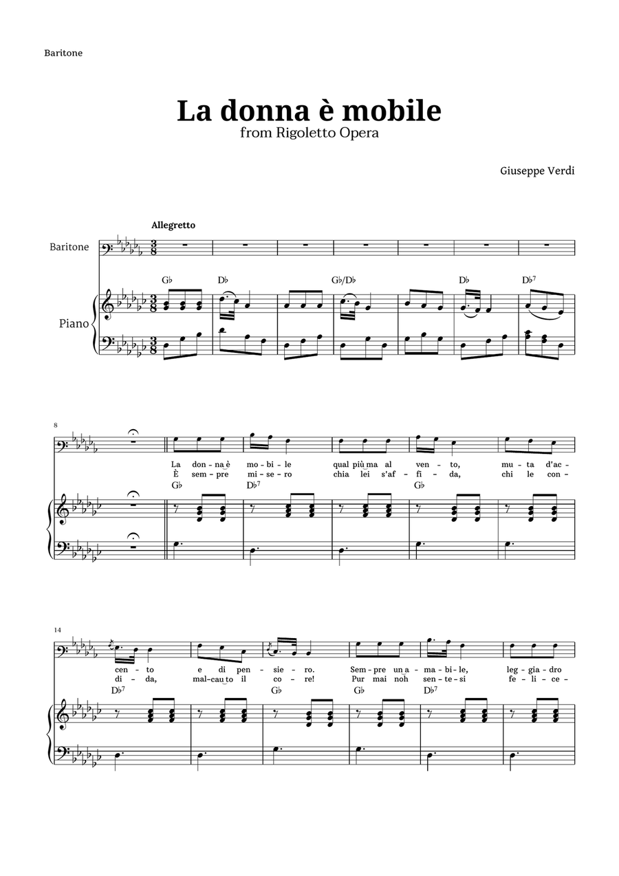 La donna è mobile in G-flat major for Baritone and Piano Piano, Vocal scores gallery preview page 1