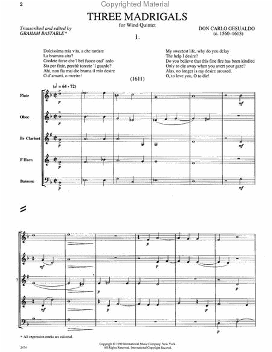 Three Madrigals For Flute, Oboe, Clarinet, Horn & Bassoon Woodwind Quintet scores gallery preview page 2