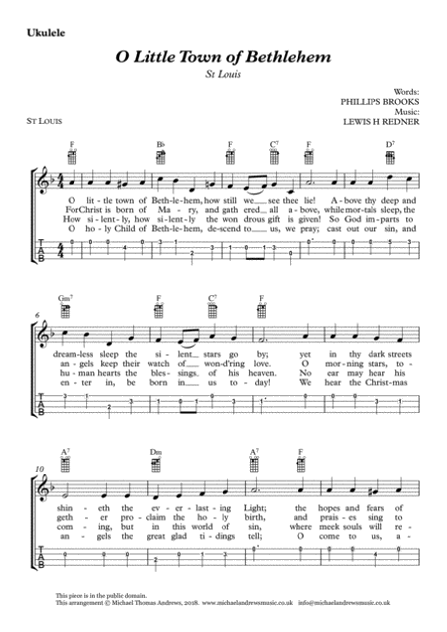 O Little Town of Bethlehem – St Louis and Forrest Green (for Ukulele with TAB) Ukulele scores gallery preview page 1
