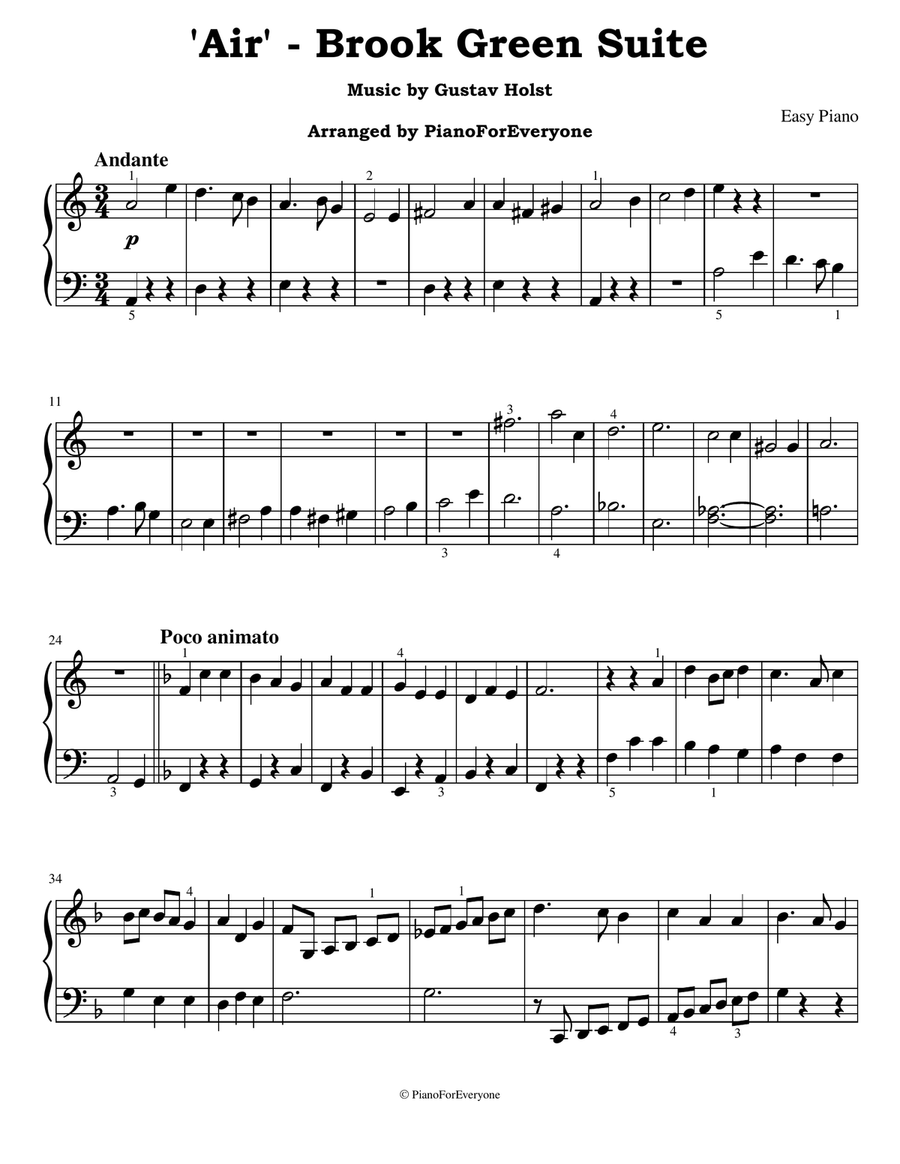 'Air' from Brook Green Suite - Holst (Easy Piano) Easy Piano scores gallery preview page 1