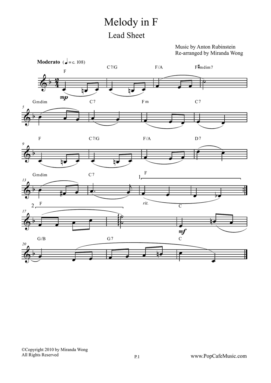 Melody in F by Rubinstein - Lead Sheet Small Ensemble scores gallery preview page 1
