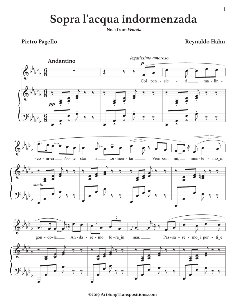 HAHN: Sopra l'acqua indormenzada (transposed to D-flat major) Piano, Vocal scores gallery preview page 2