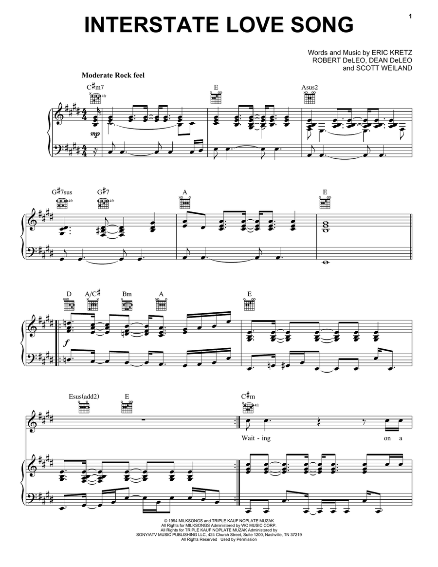 Interstate Love Song Interstate Love Song Piano, Vocal, Guitar scores gallery preview page 1
