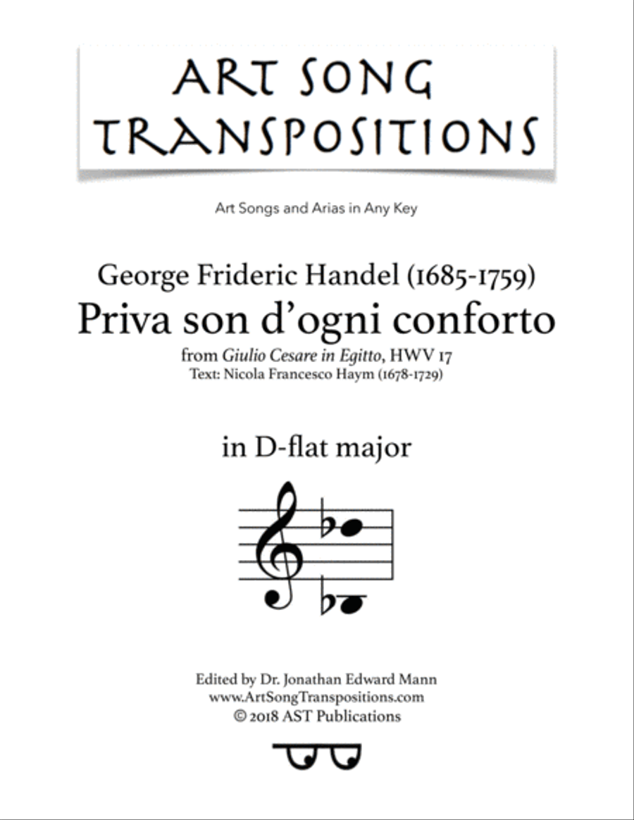 HANDEL: Priva son d'ogni conforto (transposed to D-flat major) Voice scores gallery preview page 1