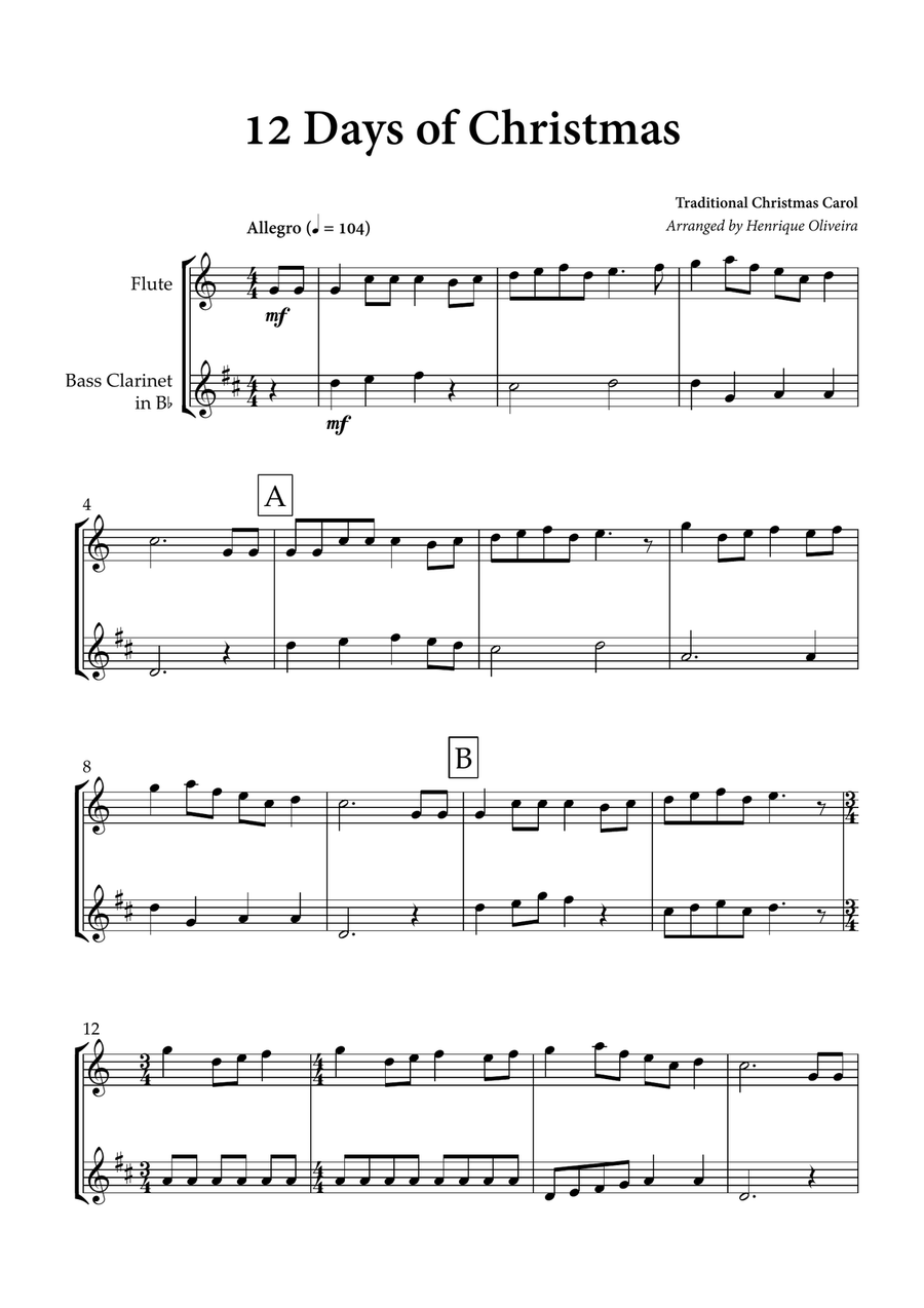 12 days of Christmas (Flute and Bass Clarinet) - Christmas Carol Bass Clarinet scores gallery preview page 1