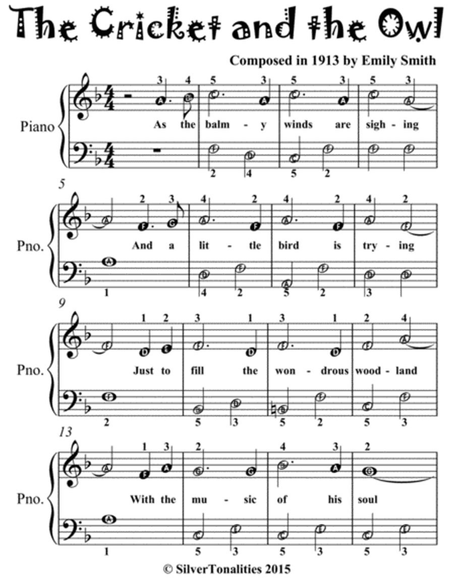 The Cricket and the Owl Easiest Piano Sheet Music for Beginner Pianists