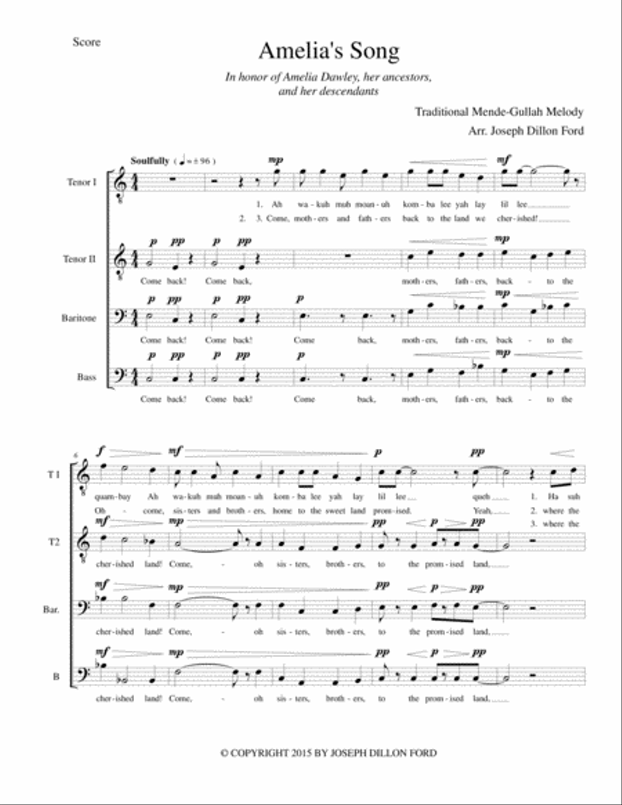 Amelia's Song for TTBarB (or ATBarB) chorus by Traditional TTBB - Digital Sheet Music