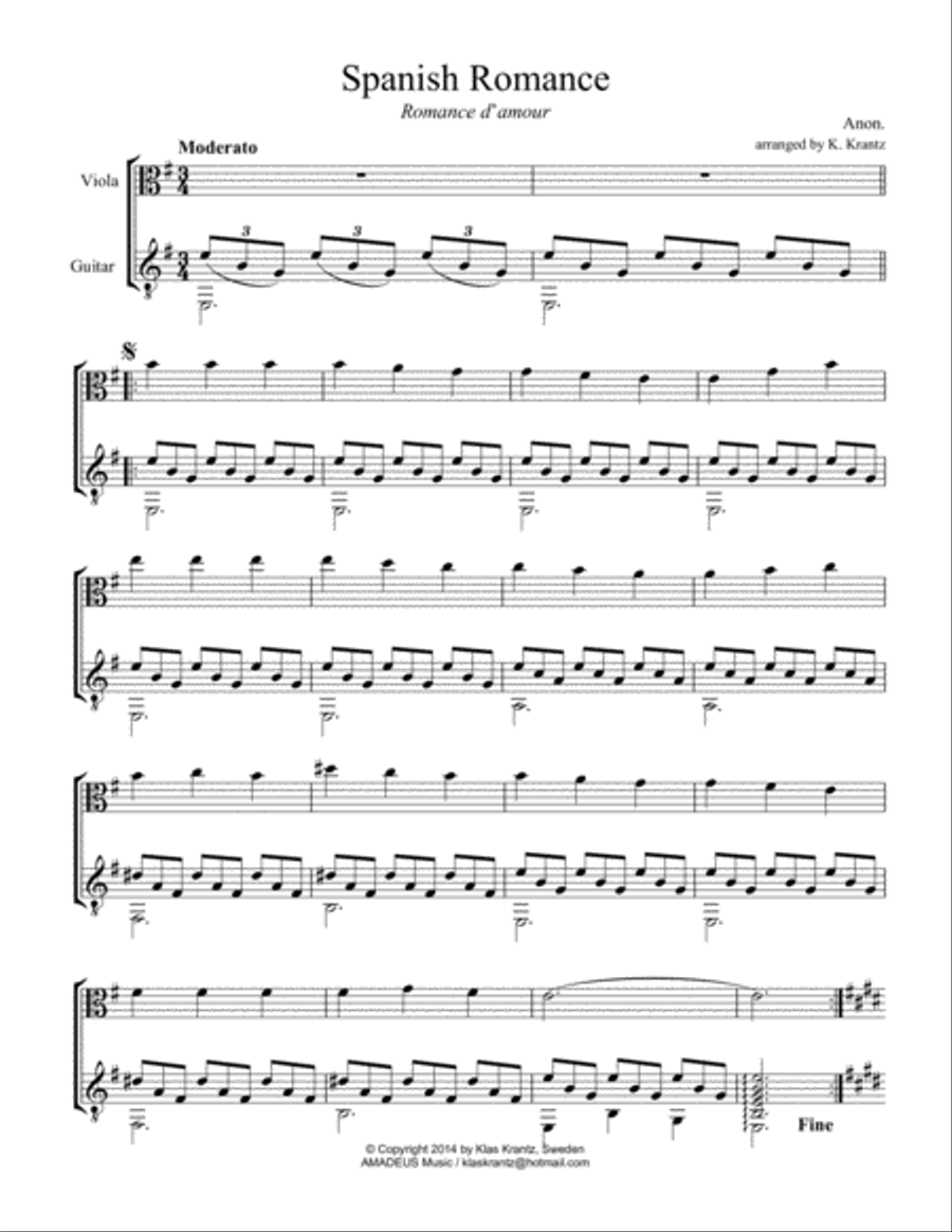 Spanish Romance, Romanza for viola and guitar String Duet scores gallery preview page 1