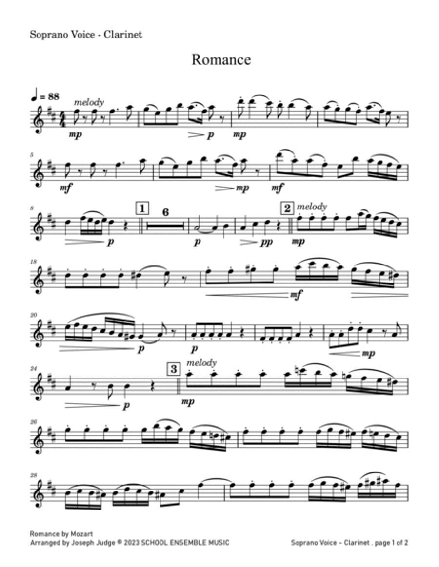 Romance by Mozart for Clarinet Quartet in Schools Clarinet Quartet scores gallery preview page 5