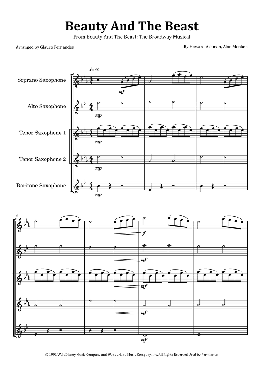 Beauty And The Beast Saxophone Quintet scores gallery preview page 1