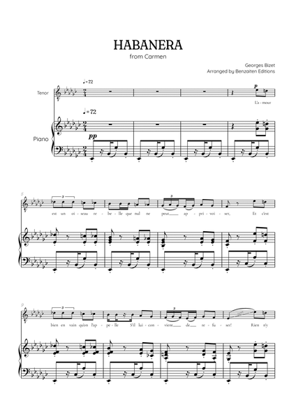 Bizet • Habanera from Carmen in Eb flat minor [Ebm] | tenor sheet music with piano accompaniment image number null
