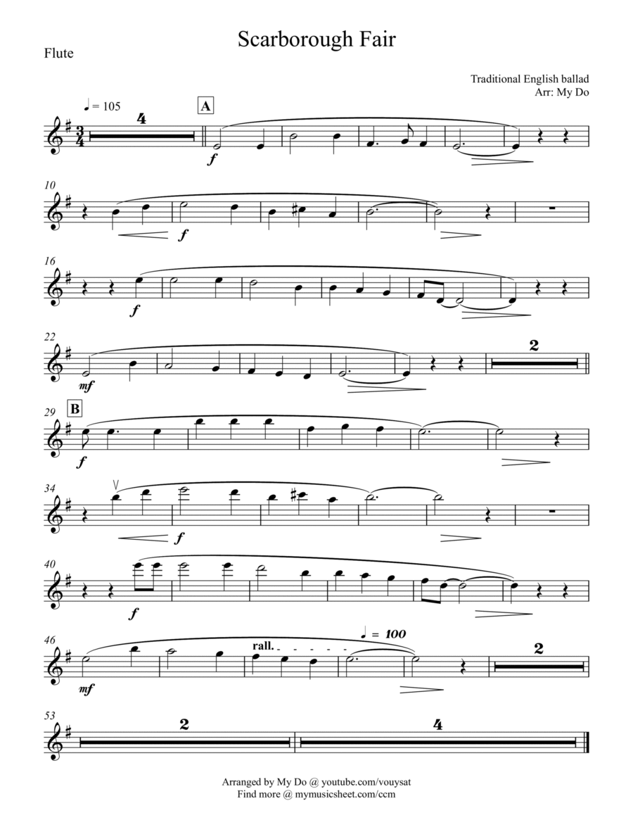 Scarborough Fair for Flute solo (easy) with Piano Accompaniment image number null