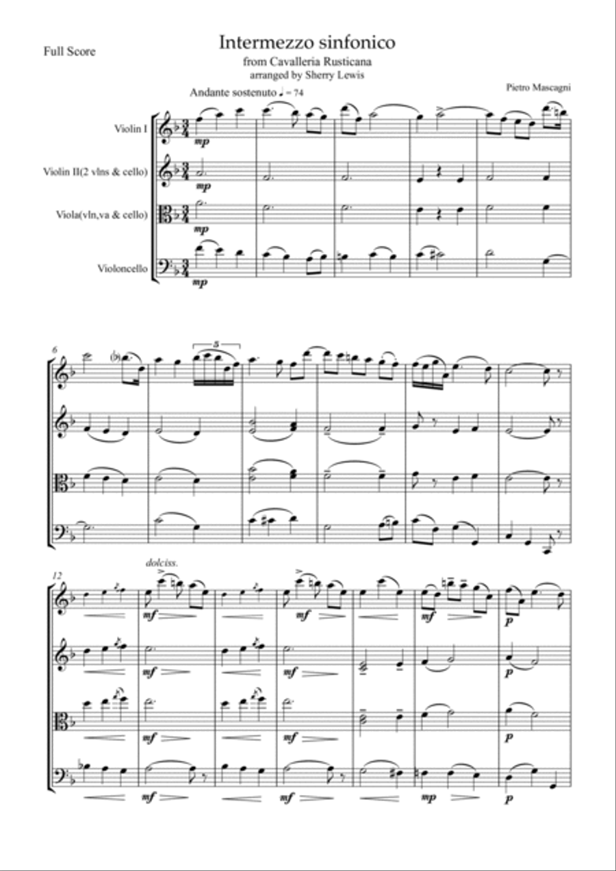 INTERMEZZO SINFONICO from 'Cavalleria Rusticana', Pietro Mascagni, String Trio, Intermediate Level f String Trio scores gallery preview page 4