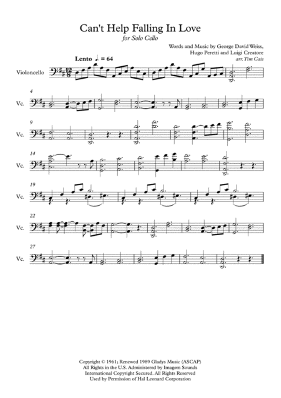 Can't Help Falling In Love Cello Solo scores gallery preview page 1