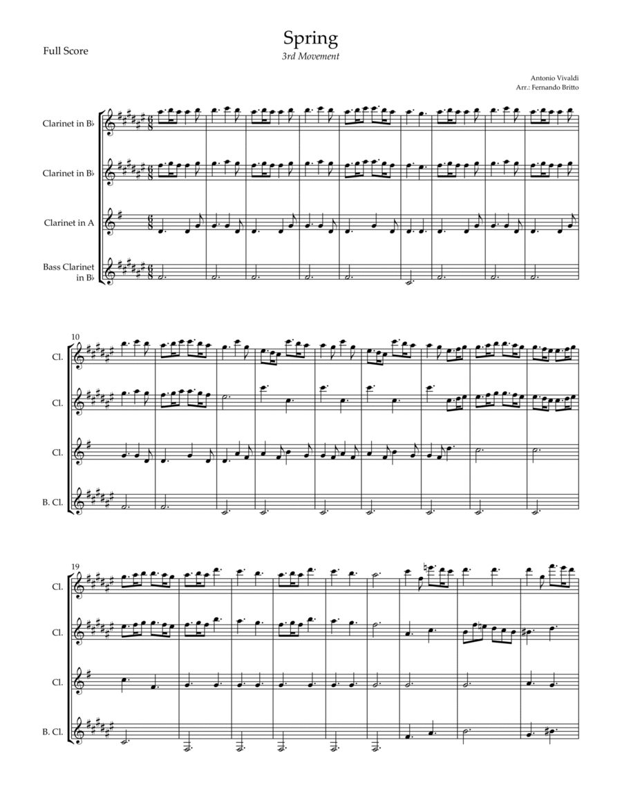 Spring - 3rd Movement (Antonio Vivaldi) for Clarinet Quartet Clarinet Quartet scores gallery preview page 1