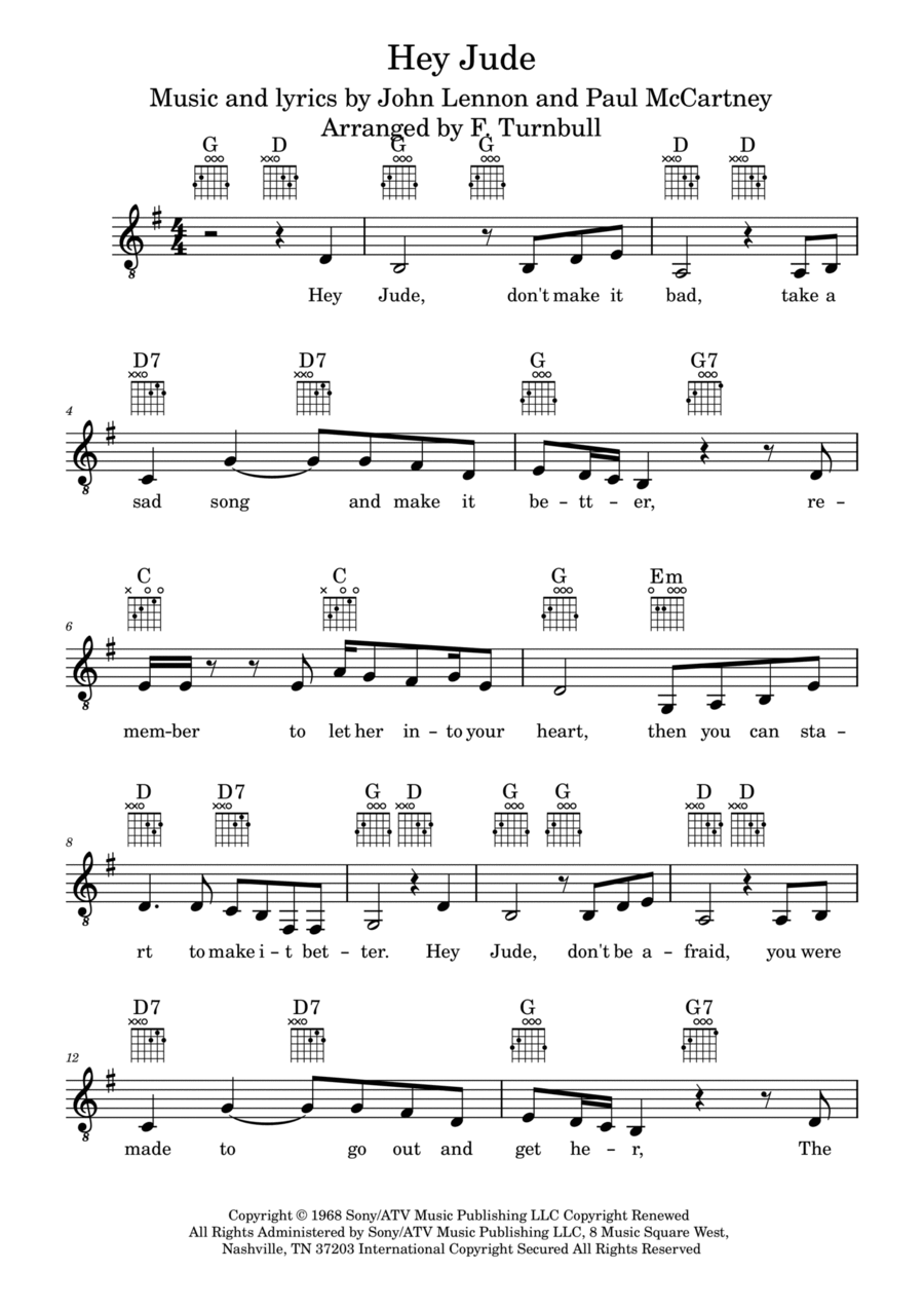 Hey Jude Piano, Vocal, Guitar scores gallery preview page 1